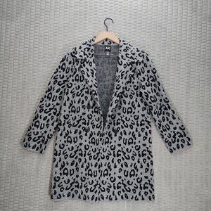 Anne Klein Gray Leopard Print Longline Blazer Sweater-Faux Double Breasted-Sz M